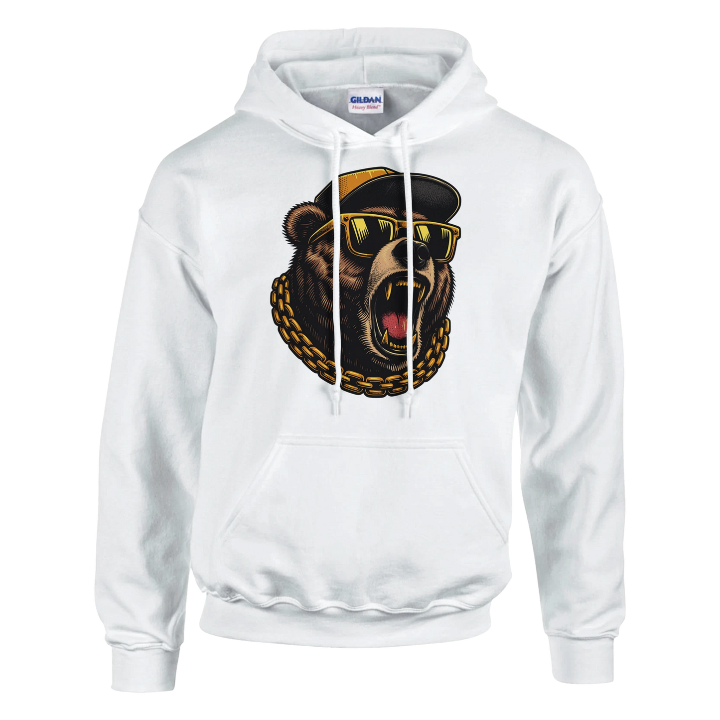 White men's grizzly bear hoodie with a bear graphic wearing sunglasses and a hat on a white background