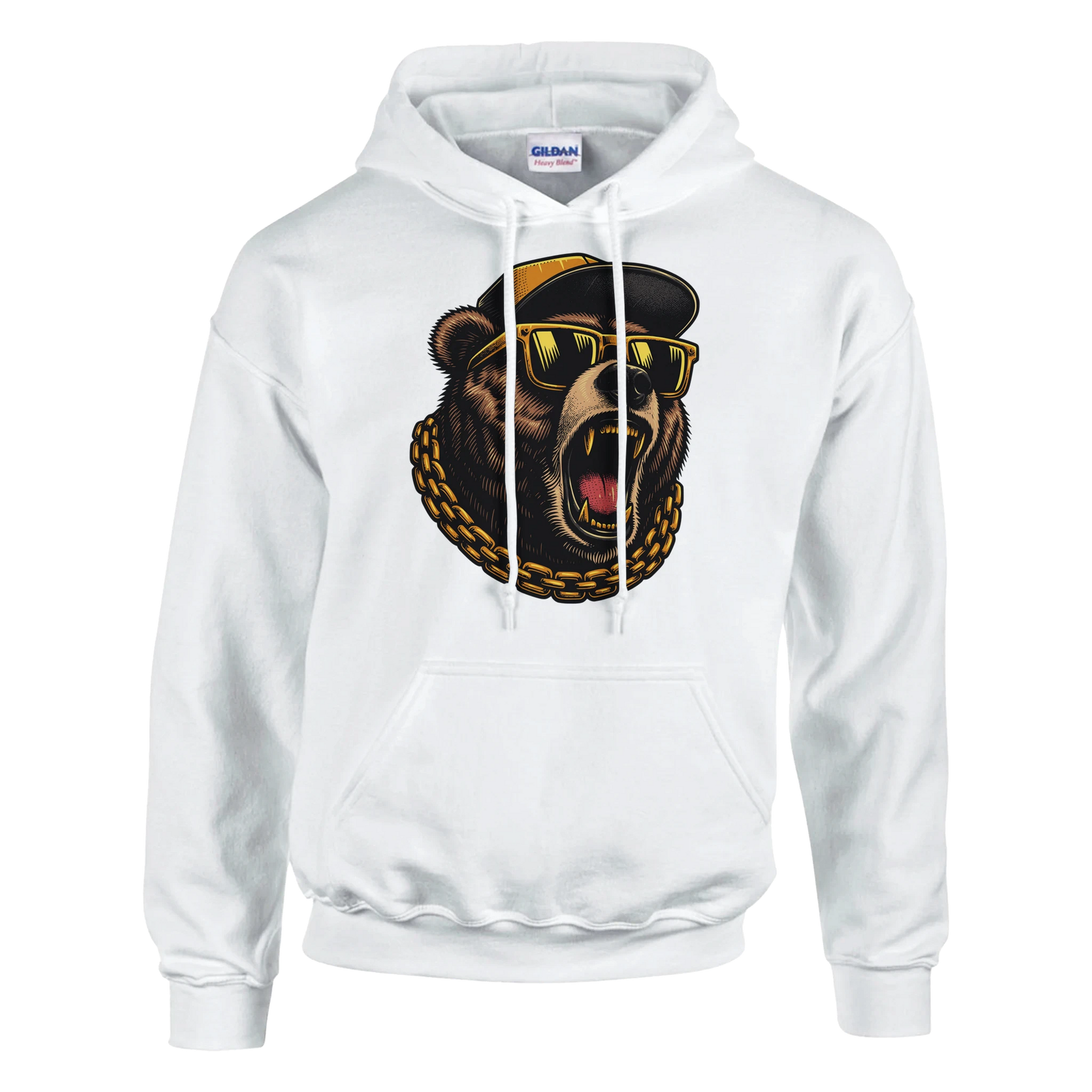 White men's grizzly bear hoodie with a bear graphic wearing sunglasses and a hat on a white background