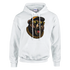 White men's grizzly bear hoodie with bold graphic of a bear wearing gold sunglasses and a chain.