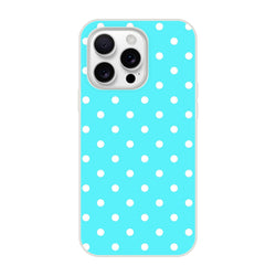 Retro aqua blue and white polka dot iPhone case with shock-absorbing TPU cushion for models 13-16.