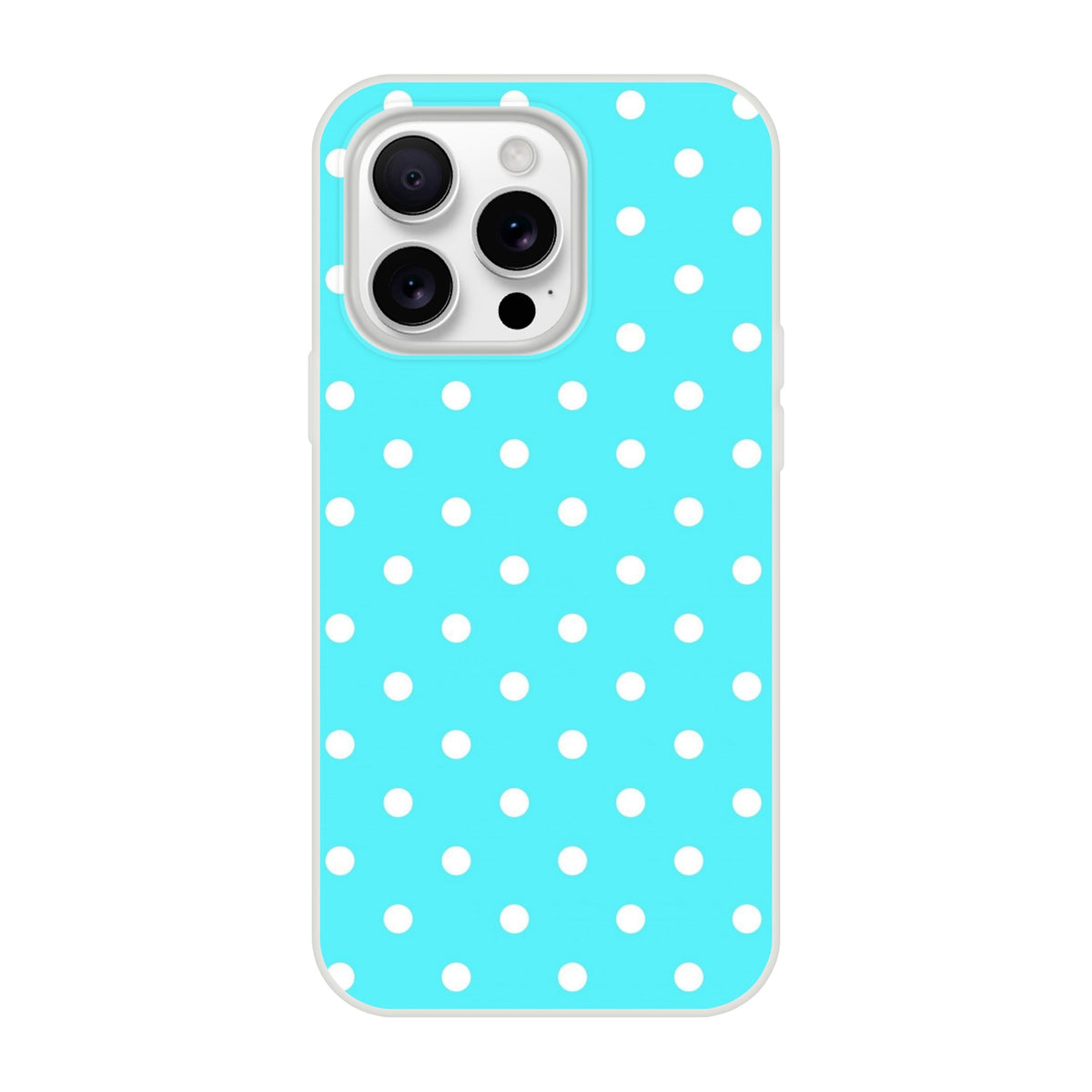 Retro aqua blue and white polka dot iPhone case with shock-absorbing TPU cushion for models 13-16.