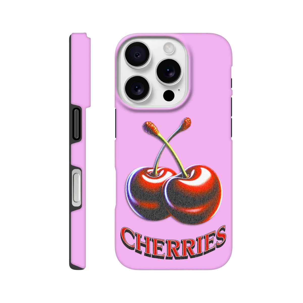Pink tough iPhone case with retro Y2K cherry graphic and bold text, offering durable protection for everyday use.