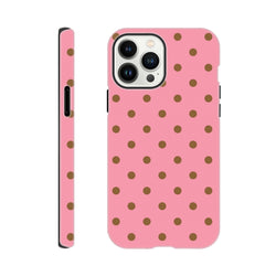 Pink & brown polka dot tough iPhone case with glossy finish and shock-absorbing TPU protection for models 13-16.