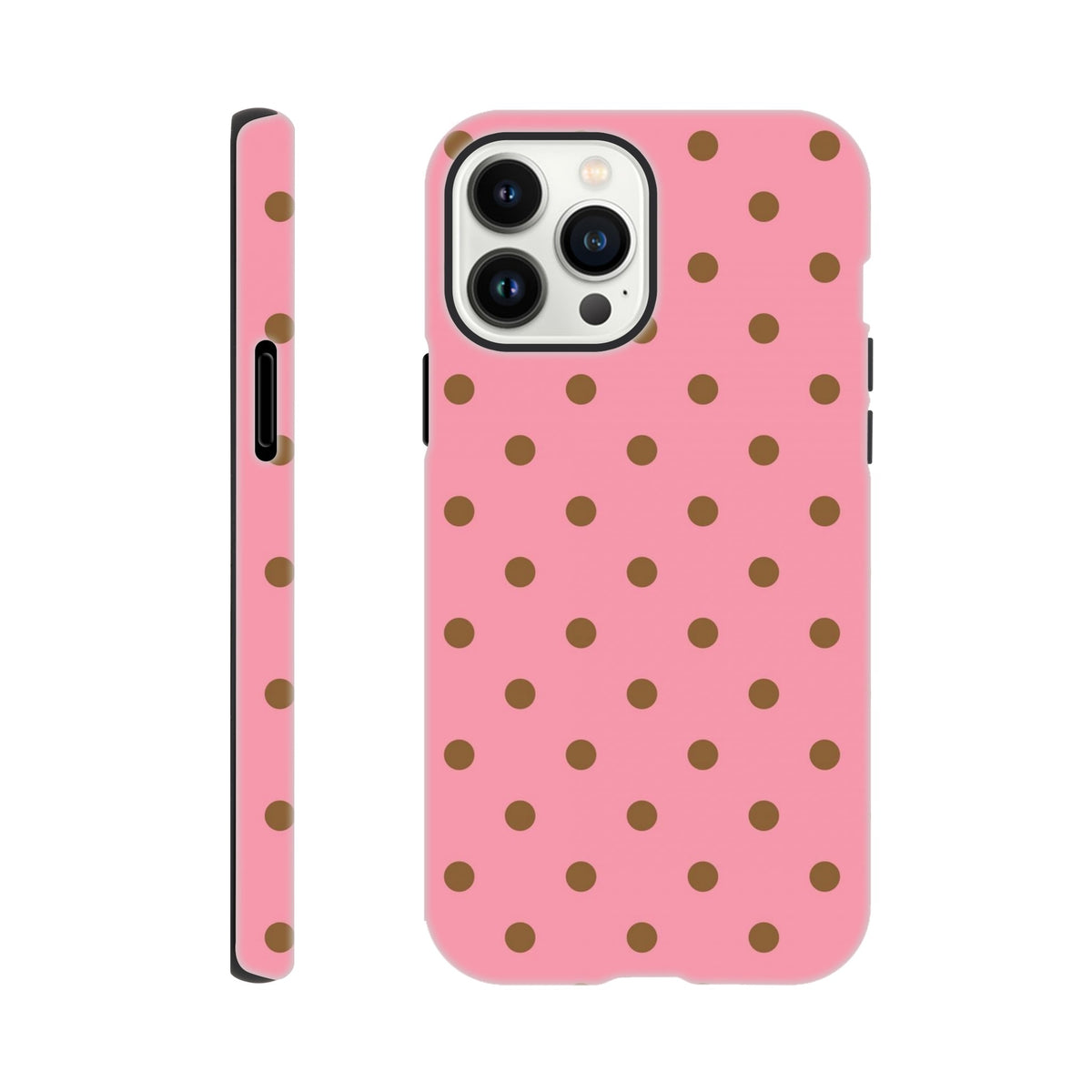 Pink & brown polka dot tough iPhone case with glossy finish and shock-absorbing TPU protection for models 13-16.