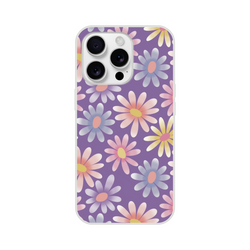 Retro pastel daisy iPhone case (13-16) with purple floral pattern and slim matte finish.