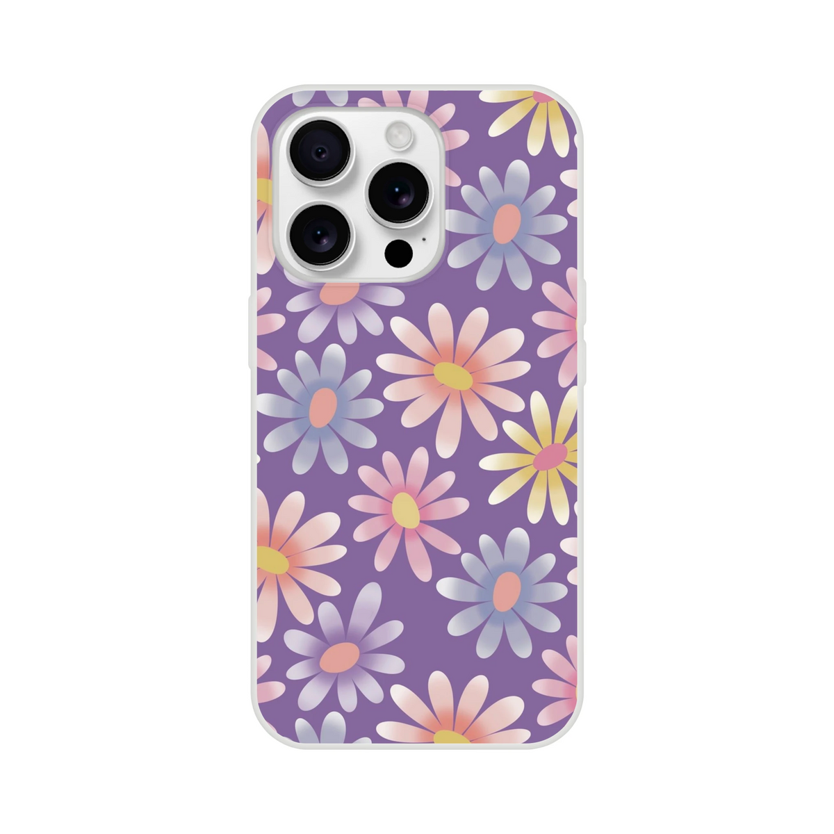 Retro pastel daisy iPhone case (13-16) with purple floral pattern and slim matte finish.
