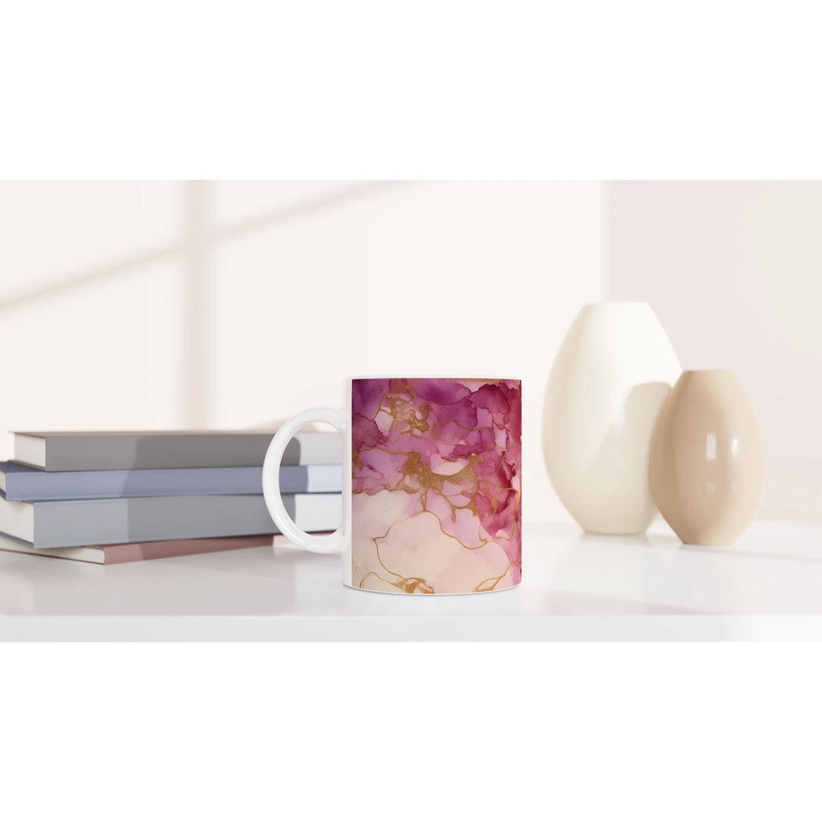 Pink Marble Mug with blush rose gold abstract ceramic design, perfect for daily coffee or tea.