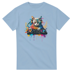 Colorful DJ cat graphic tee for men featuring a cat on turntables with vibrant paint splatters, perfect for streetwear and music festivals.
