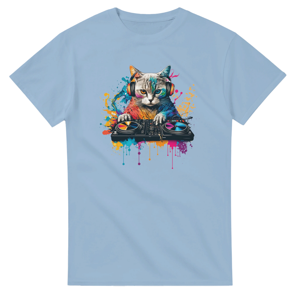 Colorful DJ cat graphic tee for men featuring a cat on turntables with vibrant paint splatters, perfect for streetwear and music festivals.