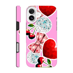 Pink iPhone case with sticker-style cherries, heart bow, disco balls, and red hearts for Y2K aesthetic protection.