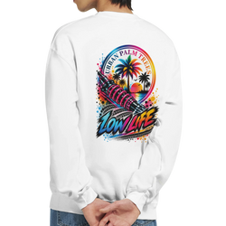 White sweatshirt back with colorful "Low Life" shock absorber graphic, palm trees, and Urban Palm Trees sunset design.