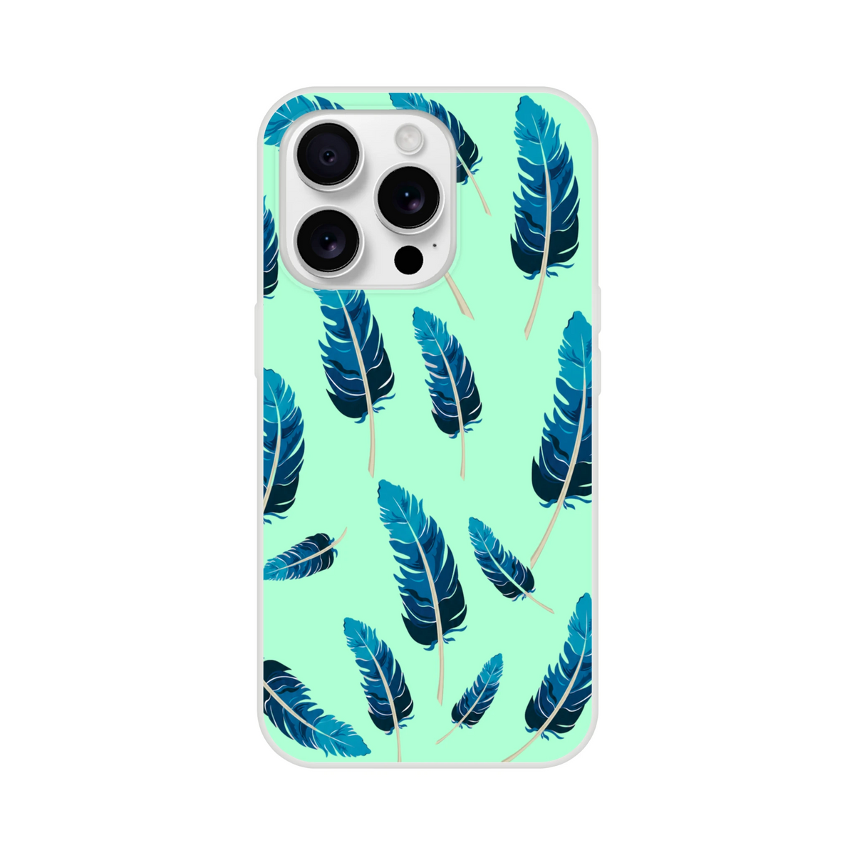 Mint green iPhone case with blue feather motif, matte finish, lightweight low-profile shell for iPhone 13–16.