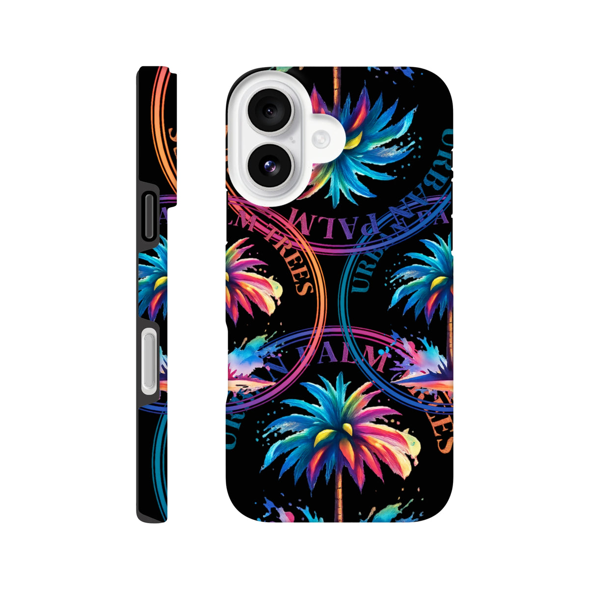 Tough iPhone case with vibrant neon palm trees and Urban Palm Trees stamp on black. Durable tropical streetwear phone cover.
