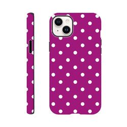 Purple & white polka dot tough iPhone case providing playful aesthetics and rugged shock-absorbing defense for iPhone 13-16.
