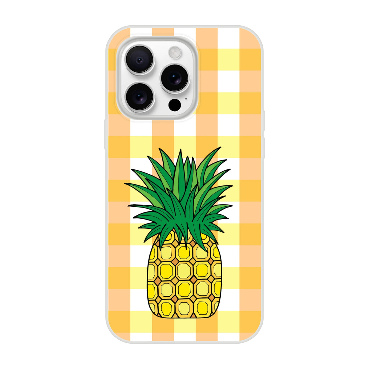 Pineapple illustration on a yellow-orange gingham iPhone case for iPhone 13-16, summer aesthetic.