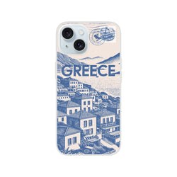 Vintage Postcard Greece iPhone case with blue coastal town illustration on beige background.