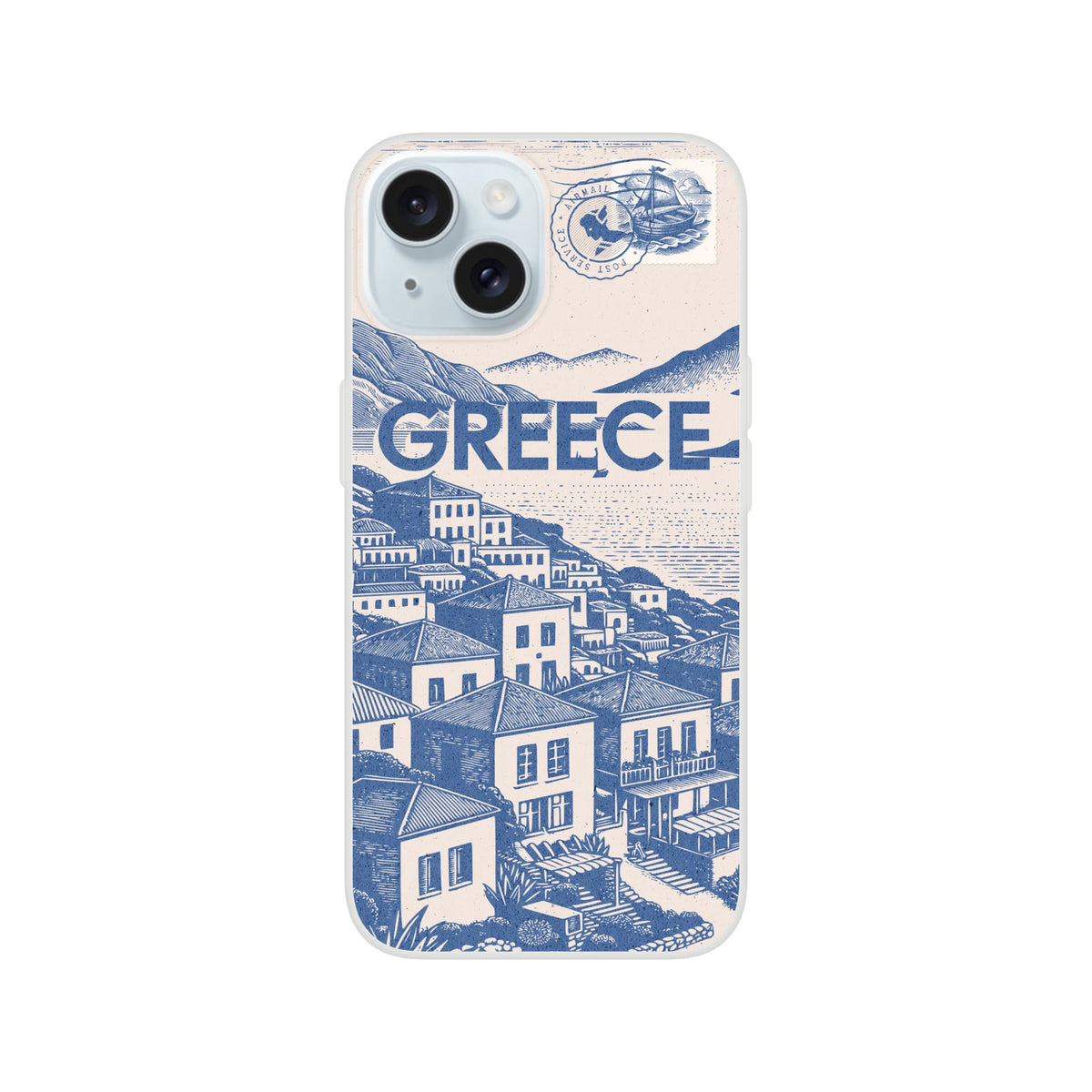 Vintage Postcard Greece iPhone case with blue coastal town illustration on beige background.