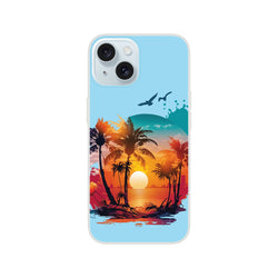 Cute Sunset iPhone Case (13-16) featuring a tropical sunset with palm trees in a bold Y2K aesthetic.