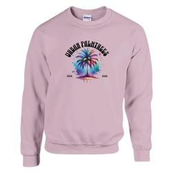 Pastel lavender women's sweatshirt with colorful palm tree graphic and Urban Palm Trees curved text.