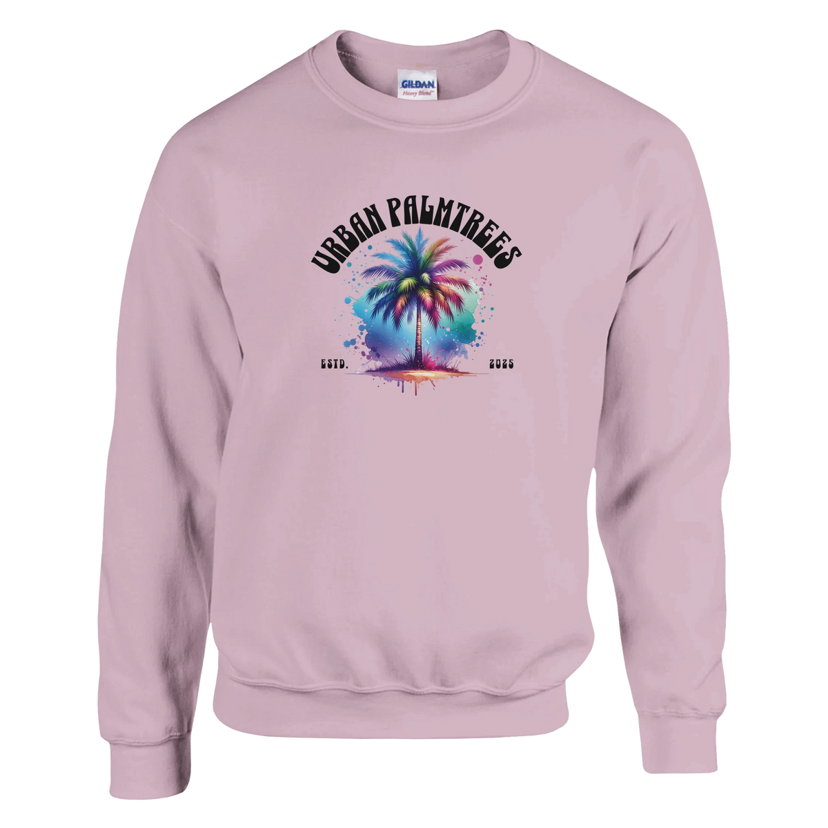 Pastel lavender women's sweatshirt with colorful palm tree graphic and Urban Palm Trees curved text.