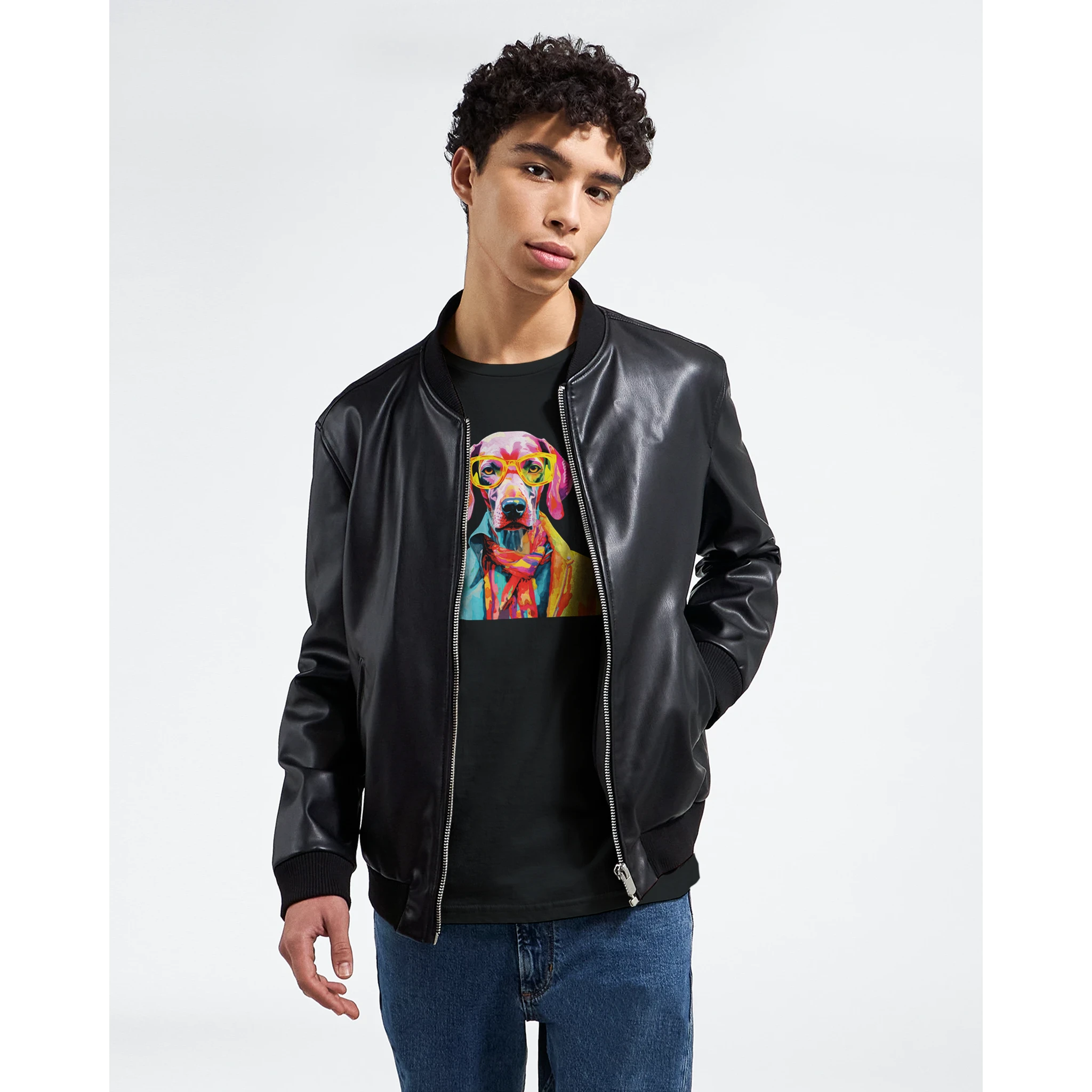 Male model wearing a black bomber jacket over a colorful dog-graphic tee.