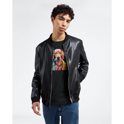 Male model wearing a black bomber jacket over a colorful dog-graphic tee.