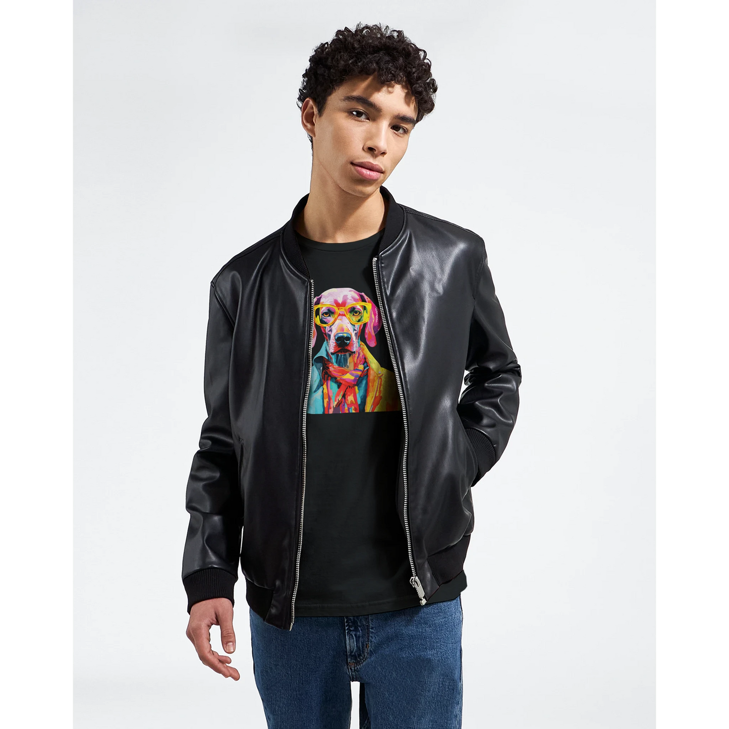 Male model wearing a black bomber jacket over a colorful dog-graphic tee.