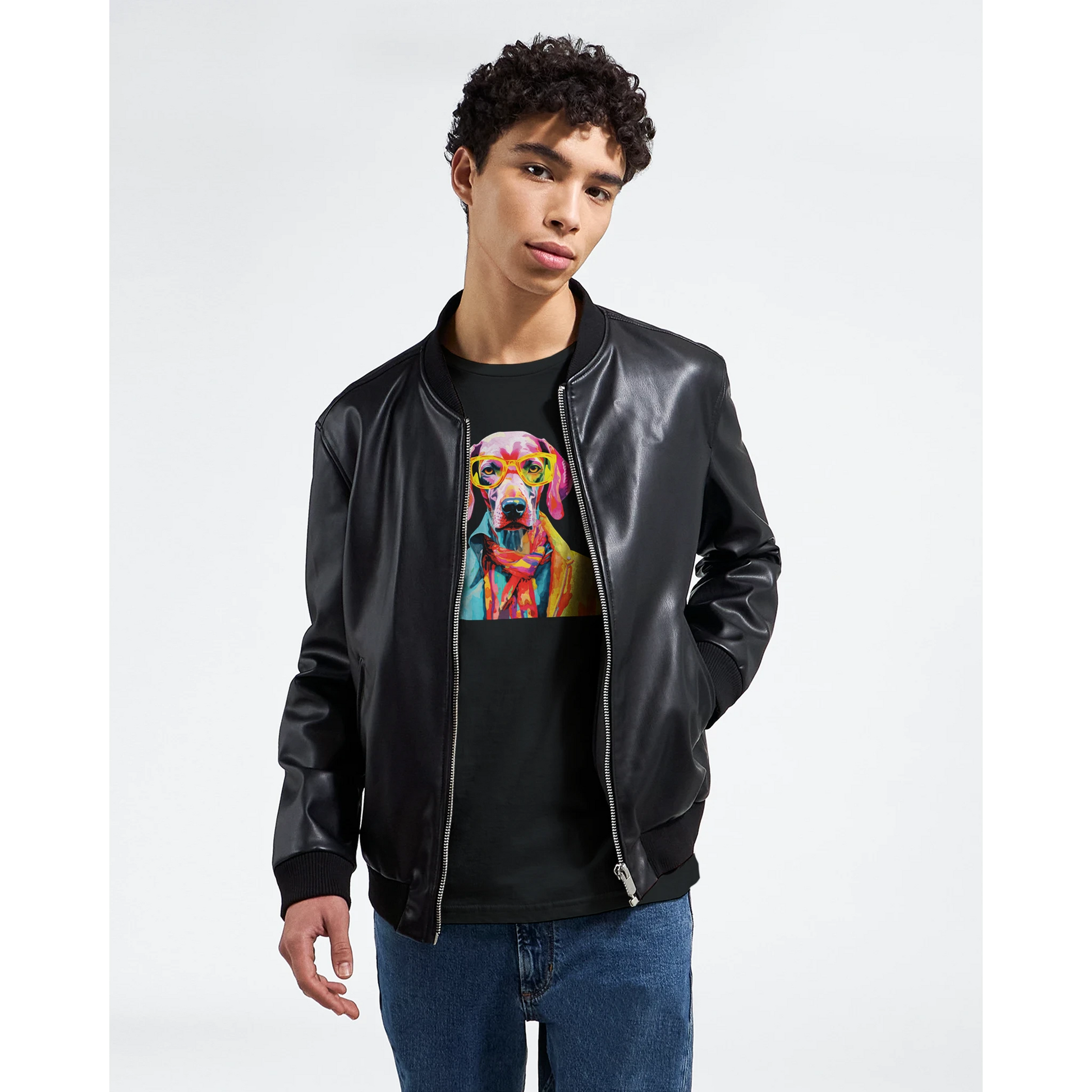 Male model wearing a black bomber jacket over a colorful dog-graphic tee.