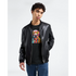 Male model wearing a black bomber jacket over a colorful dog-graphic tee.