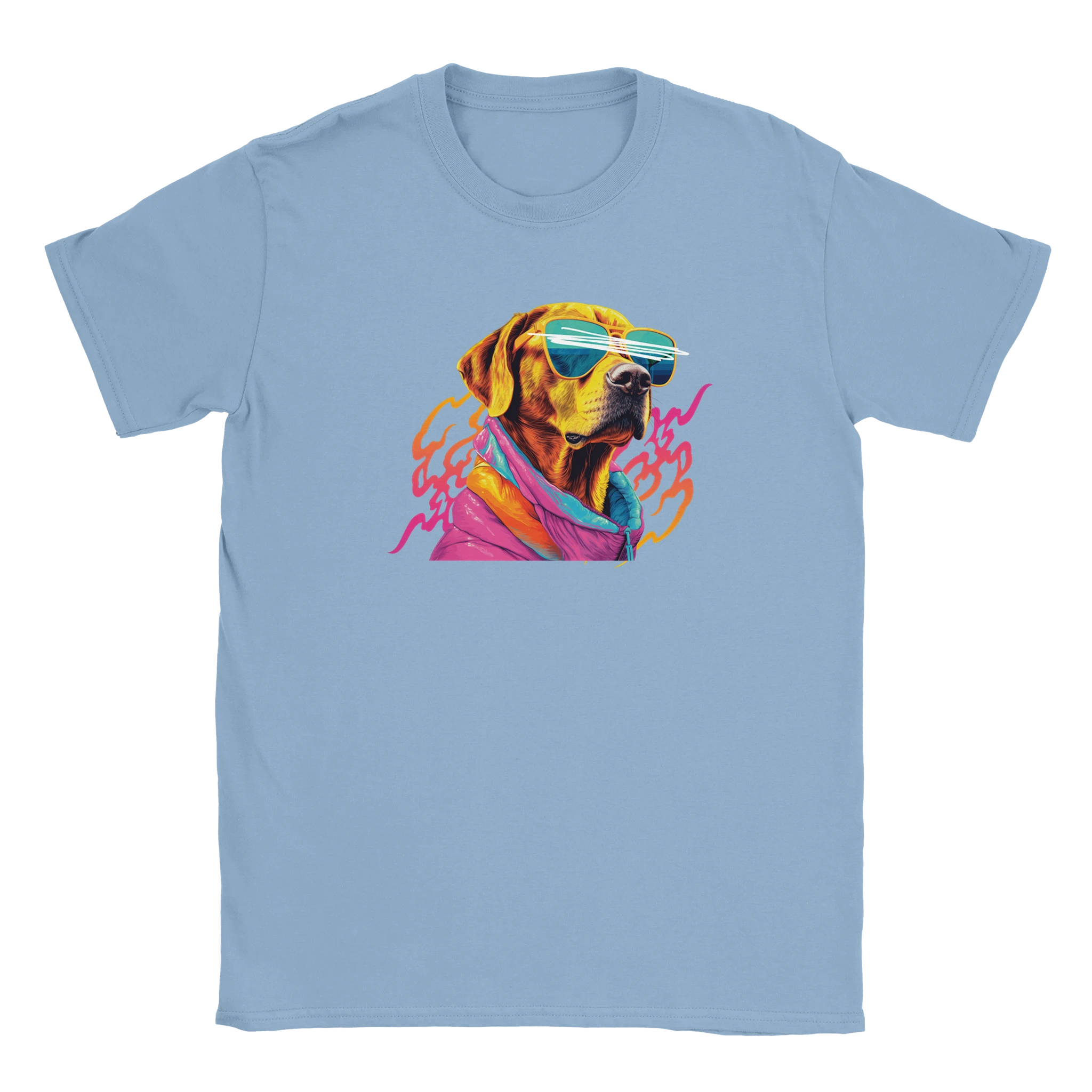 Light blue T-shirt with a vivid dog graphic wearing white-striped sunglasses and a colorful scarf.