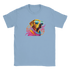 Light blue T-shirt with a vivid dog graphic wearing white-striped sunglasses and a colorful scarf.