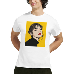 White men's pop art graphic tee featuring a illustration of a woman with red lips and gold hoops on a yellow background.