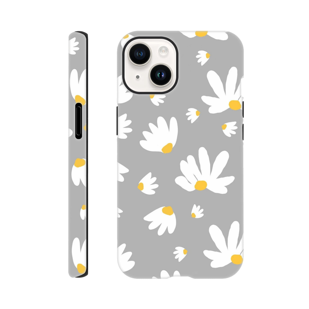 Grey iPhone case featuring a white daisy floral pattern with yellow centers on a utilitarian grey background.