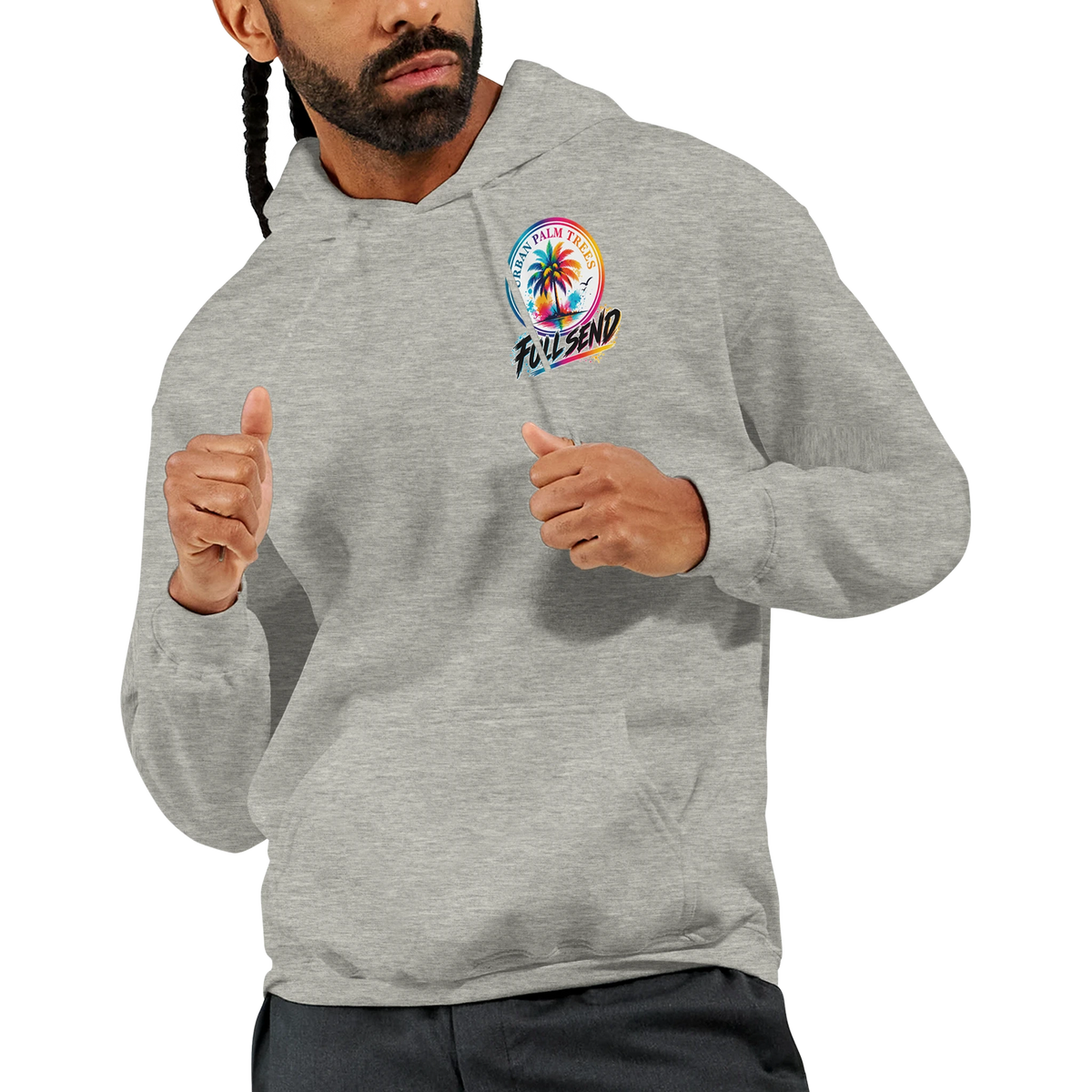 Gray men's streetwear hoodie featuring colorful Urban Palm Trees and Fullsend logo on the chest with a front pouch pocket.
