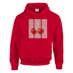 Red retro hoodie featuring a vintage cherry graphic on a gingham background. A fruit-themed pullover for a nostalgic streetwear look.
