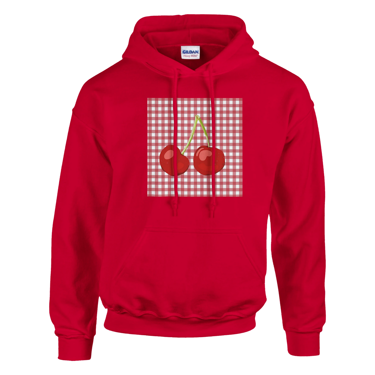 Red retro hoodie featuring a vintage cherry graphic on a gingham background. A fruit-themed pullover for a nostalgic streetwear look.