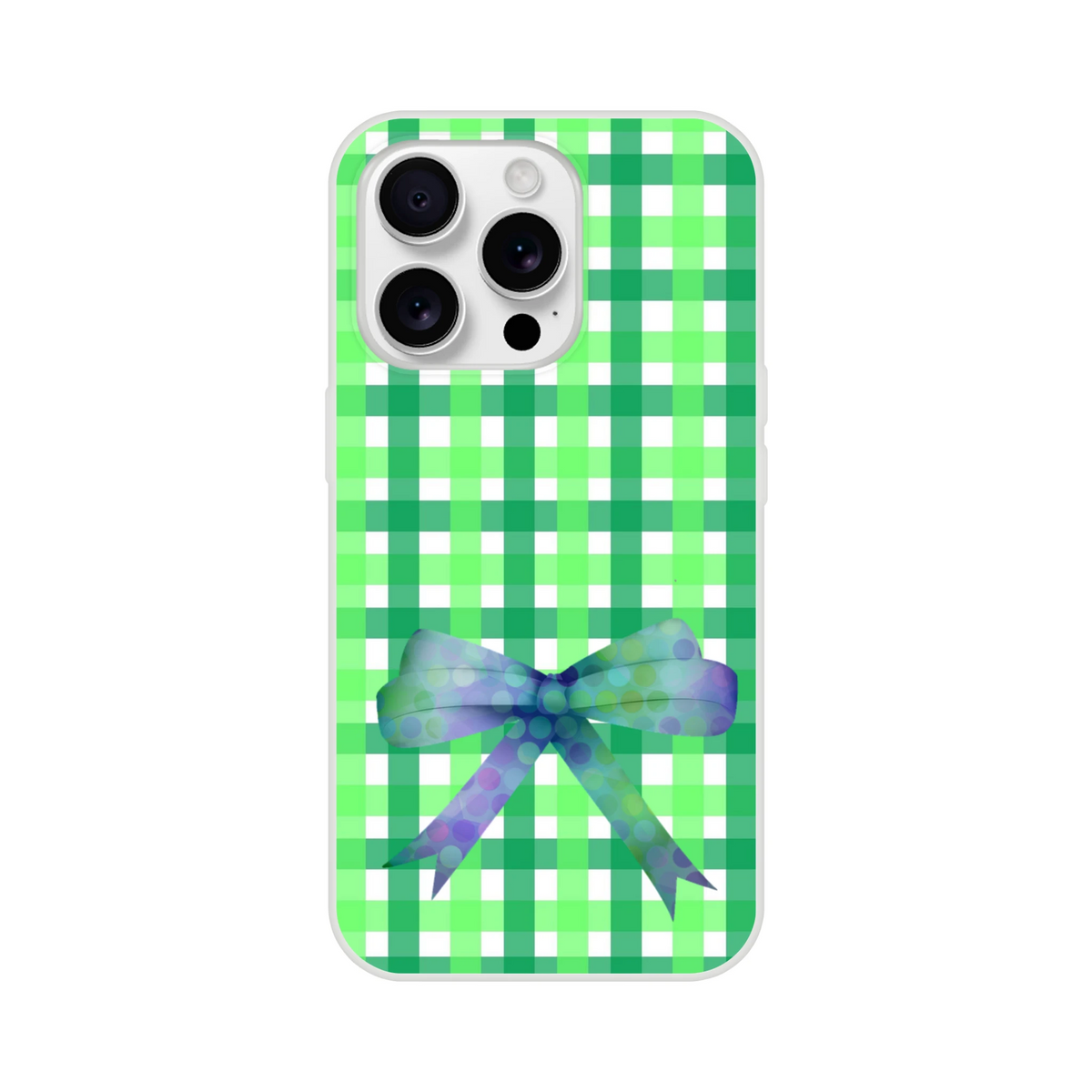 Green gingham bow iPhone case for 13-16 with frosty transparent TPU and printed bow, cute coquette aesthetic.