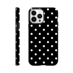 Black and white polka dot tough iPhone case with glossy finish, shock-absorbing TPU core, and durable dual-layer protection for models 13-16.