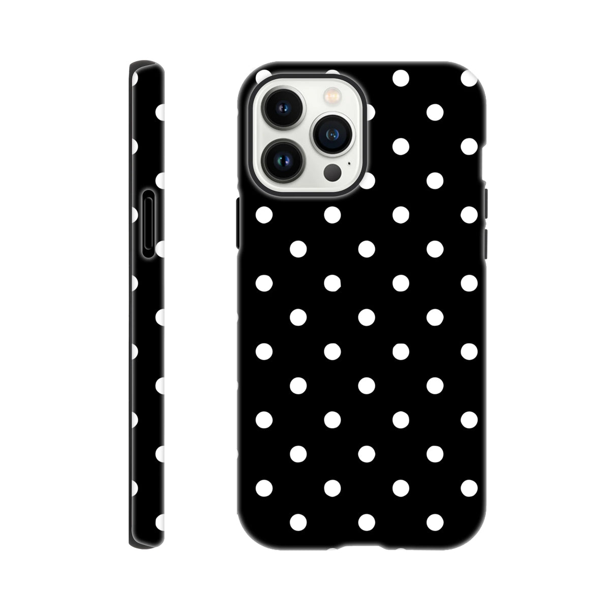 Black and white polka dot tough iPhone case with glossy finish, shock-absorbing TPU core, and durable dual-layer protection for models 13-16.