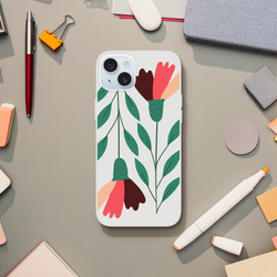Floral iPhone case with green leaves and coral blossoms on a clear protective cover.