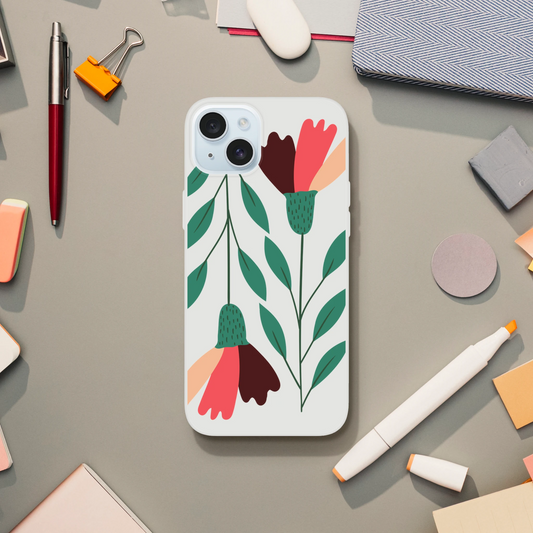 Floral iPhone case with green leaves and coral blossoms on a clear protective cover.
