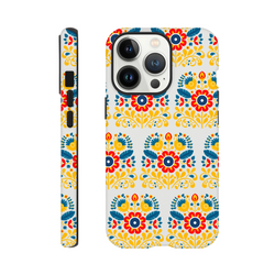 Floral wraparound tough protective phone case for iPhone 16, 15, 14, 13 with dual-layer glossy finish.