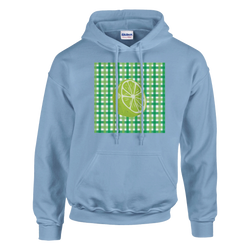 Light blue pullover hoodie featuring a retro green gingham square with a vintage lime slice graphic and kangaroo pocket.