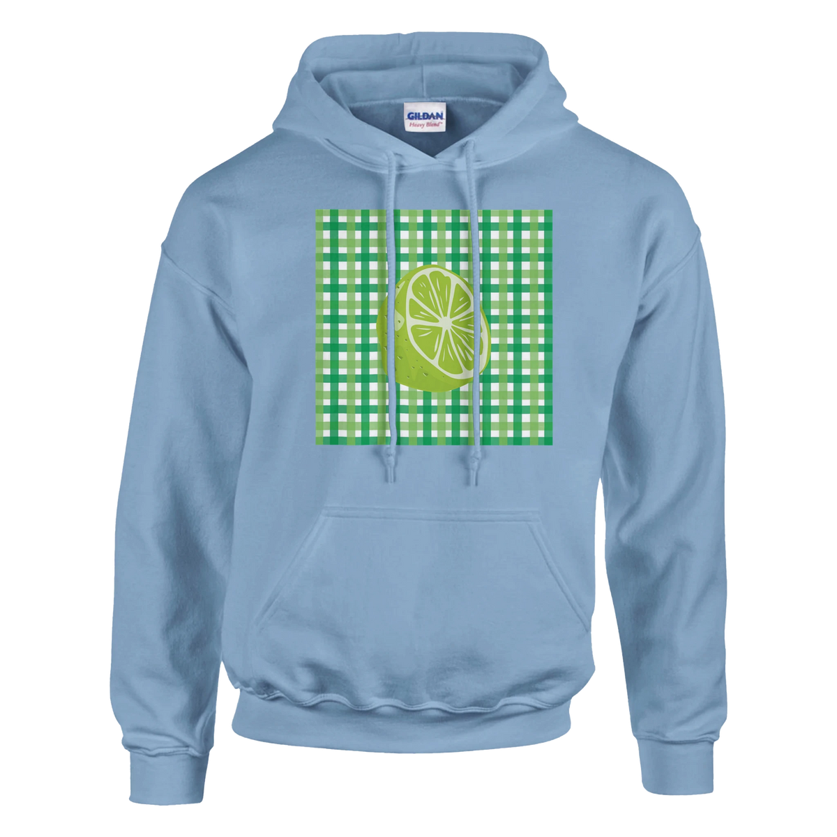 Light blue pullover hoodie featuring a retro green gingham square with a vintage lime slice graphic and kangaroo pocket.