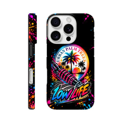 Low Life Petrolhead iPhone case featuring custom shock absorber, palm trees, and neon paint splatter art on black.