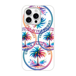 Urban Palm Trees iPhone case with colorful palm artwork and retro stamp rings for iPhone 13-16.