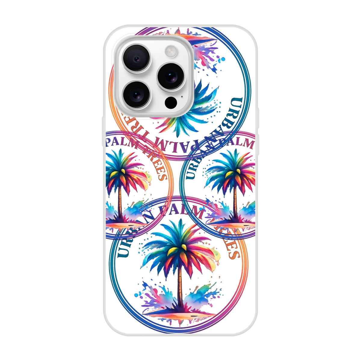 Urban Palm Trees iPhone case with colorful palm artwork and retro stamp rings for iPhone 13-16.