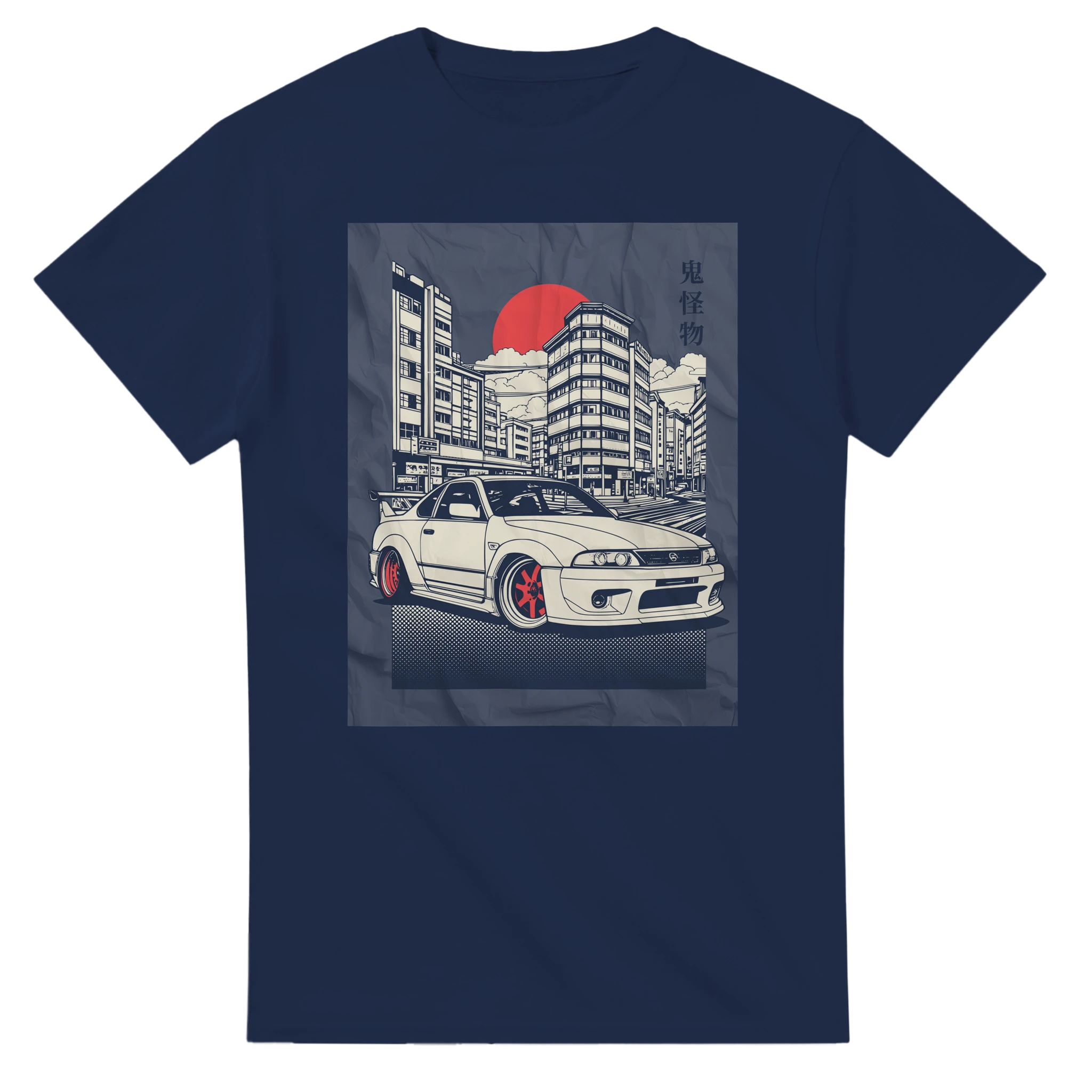 Navy Car T Shirt with JDM graphic: white sports car, city skyline, red sun, and kanji text.