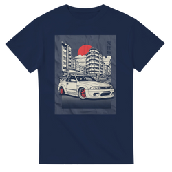 Navy Car T Shirt with JDM graphic: white sports car, city skyline, red sun, and kanji text.