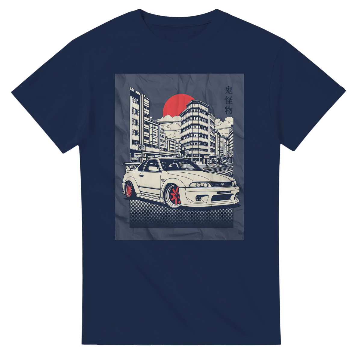 Navy Car T Shirt with JDM graphic: white sports car, city skyline, red sun, and kanji text.